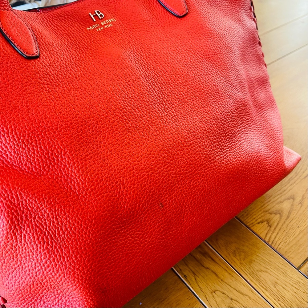 Henri BENDEL Orange Coral Leather Noho Novelty Gusset Large Braided Work Bag - Picture 10 of 16